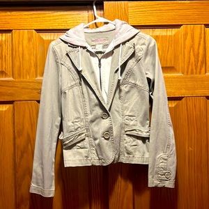 Nori Jean button up zip connected sweatshirt inside size, medium top color, hood